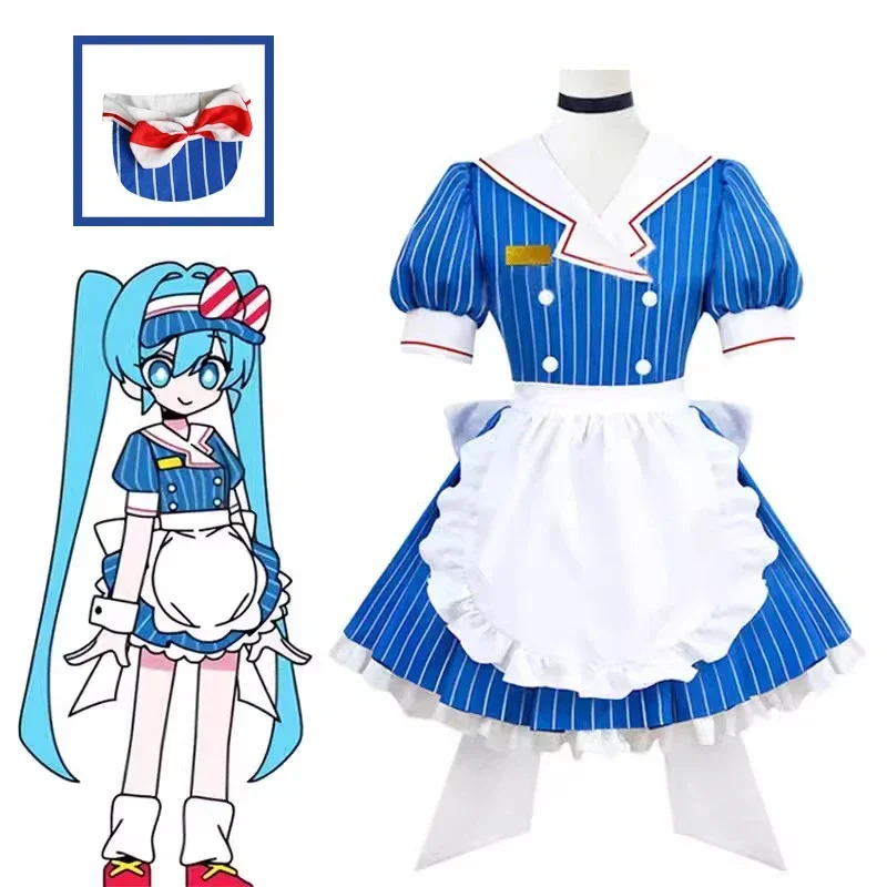 

Anime Miku Cosplay Costumes Anime Mesmerizer Uniform Women Striped Maid Dress Hat Apron Suit Halloween Carnival Xmas Party Dress