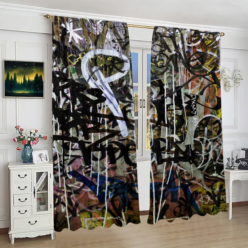 2Pcs changeable graffiti - printed curtains, polyester fabric, bedroom curtains, living room decor, home decor