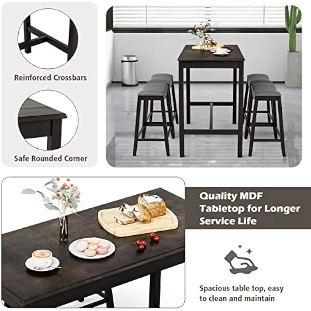 Dining Table Set for 4, Kitchen Counter Height Table w/ 4 Stools, 5 Piece Bistro Table Set, Rubber Wood Pub Dinette Set