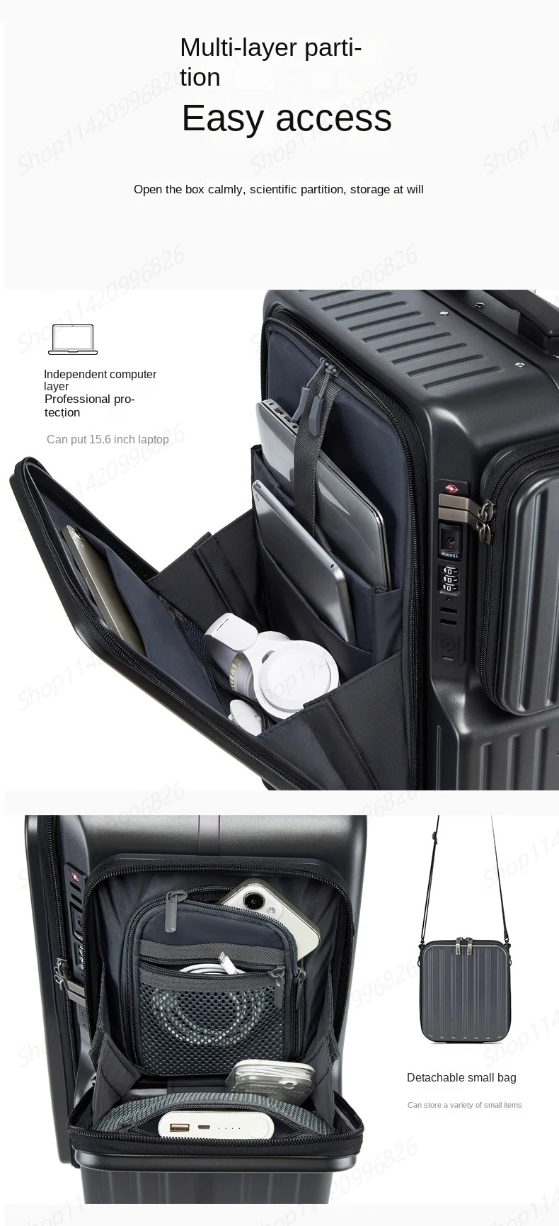Handgepäck-Koffer mit Vorderöffnung, multifunktionaler Trolley-Koffer, 20-Zoll-Reisekabine, Passwortschloss, Gepäckkoffer, Reisetaschen – Detail 12