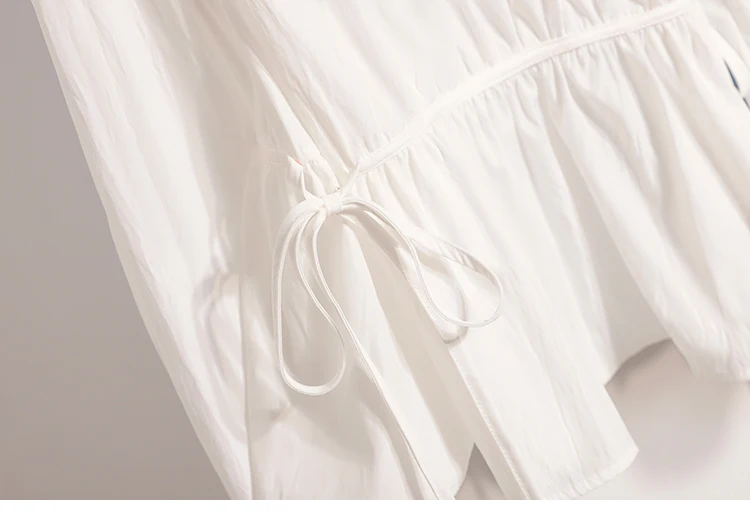 2026 Weiße Bluse mit Kordelzug-Taille, langen Ärmeln, lockerem Schnitt, verjüngendem Peplum, Babydoll-Stil, lässiges Top aus Crinkle-Stoff – Detail 13