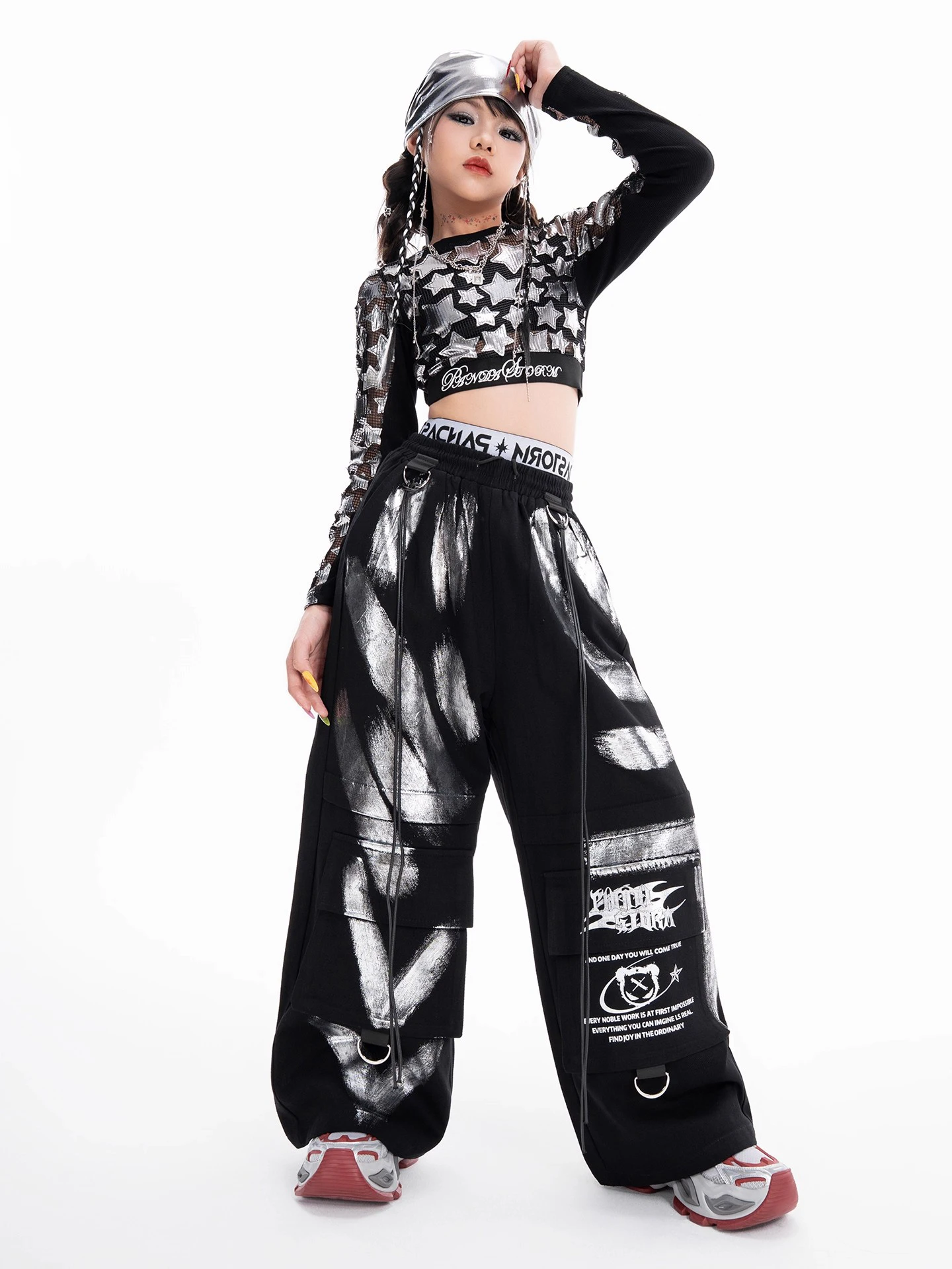 여자 재즈 댄스 의상 크롭 긴 소매 탑 바지 무대 의상 어린이 스트리트 댄스 어린이 힙합 의류 DN22077