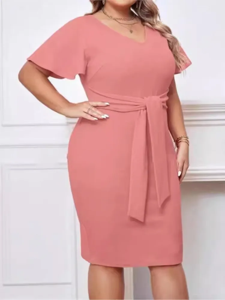 Plus Size Summer Midi Dress Women Pink Elegant Ruffle Pleated Short Sleeve Modis Ladies Dresses Slim Bodycon Woman V-Neck Dress