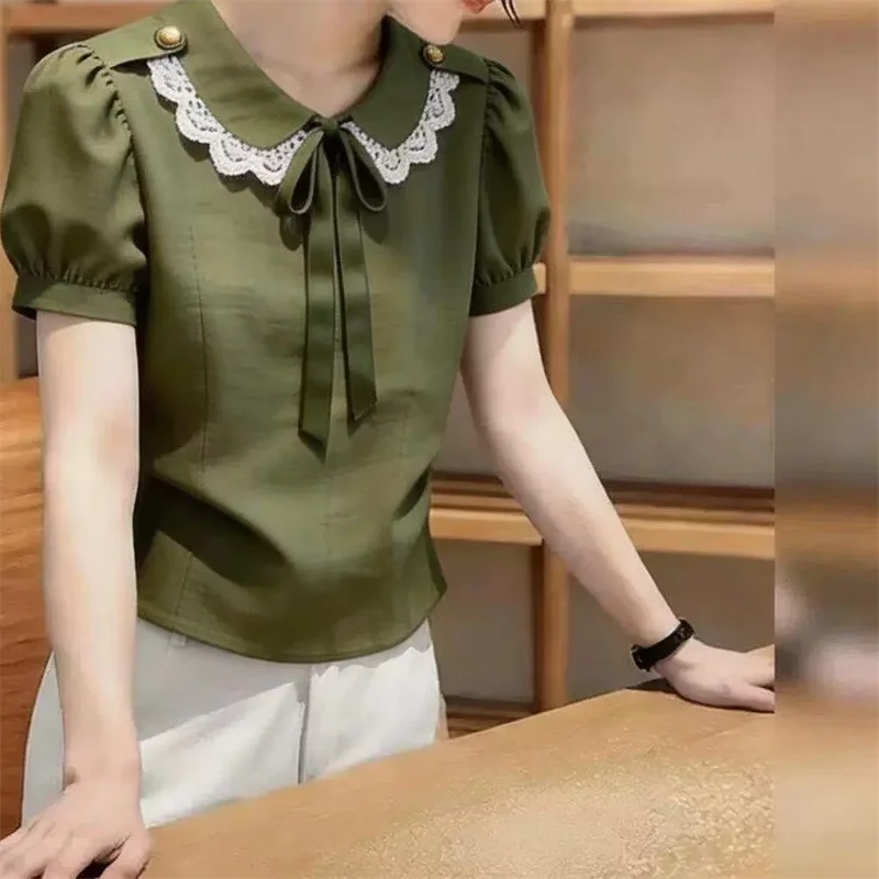 Niche Chic Green Short-sleeved Lace doll Collar Bubble Sleeve Shirt Female Slim Age-reducing Temperament Loose Pullover  Shirt
