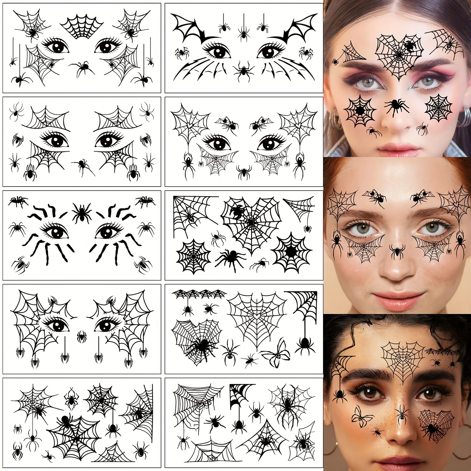 Halloween Spider Web Temporary Tattoo Stickers, 10pcs Waterproof Fake Tattoos for Face & Eyelids, Party Makeup Decals