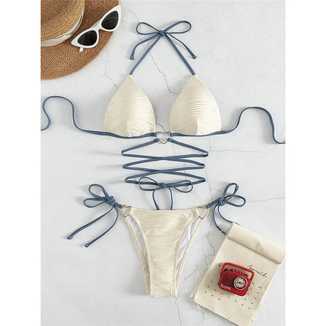 Neuer Wickel-Bikini mit Neckholder, geraffter Bikini, Damen-Badebekleidung, zweiteiliger Bikini-Set, Badeanzug, Damen-Badebekleidung V4081 – Detail 36