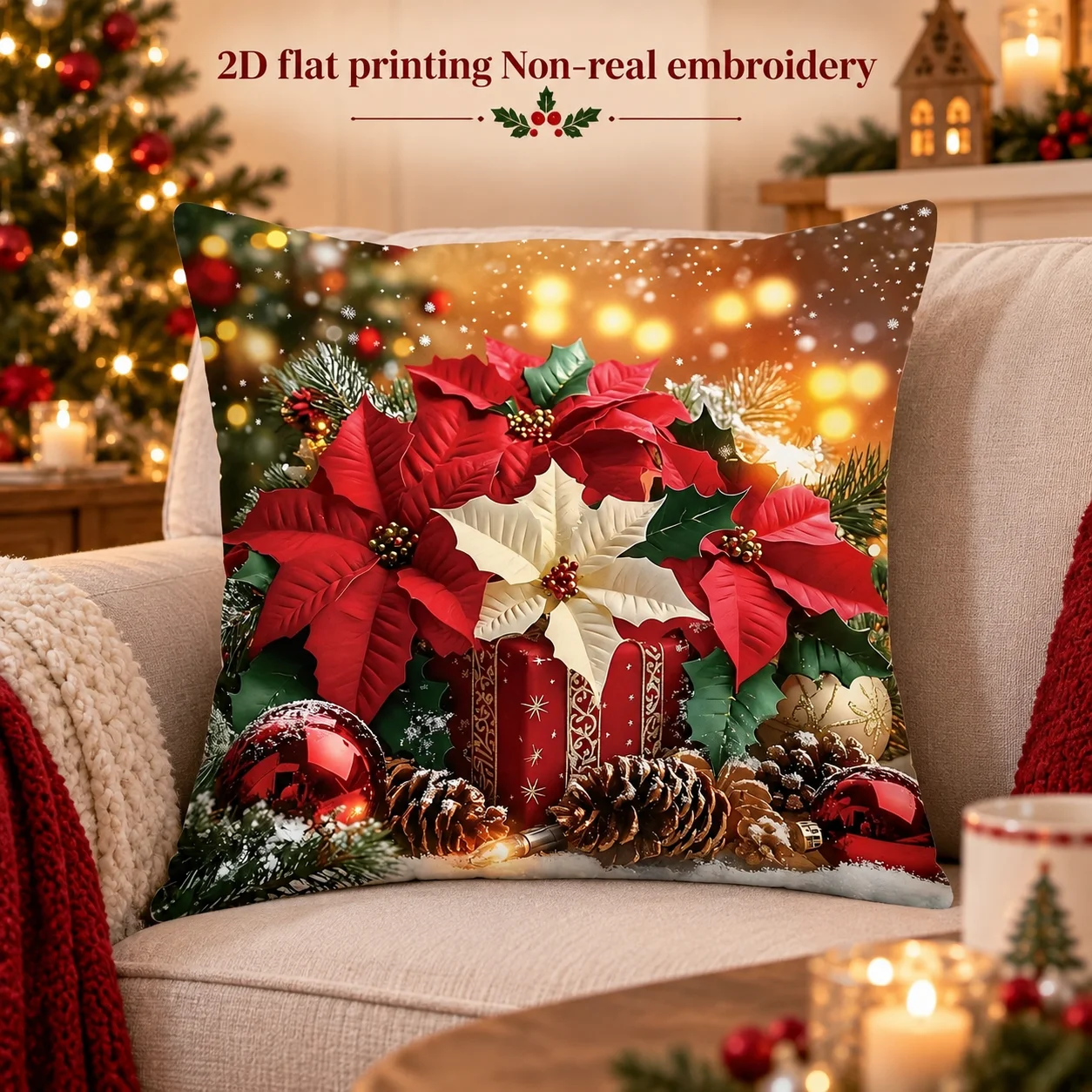 2026 Hot Sales Christmas Decoration Pillowcase Flower Candle Bell Pillow Cover Living Room Cushion Cover Room Home Decoration