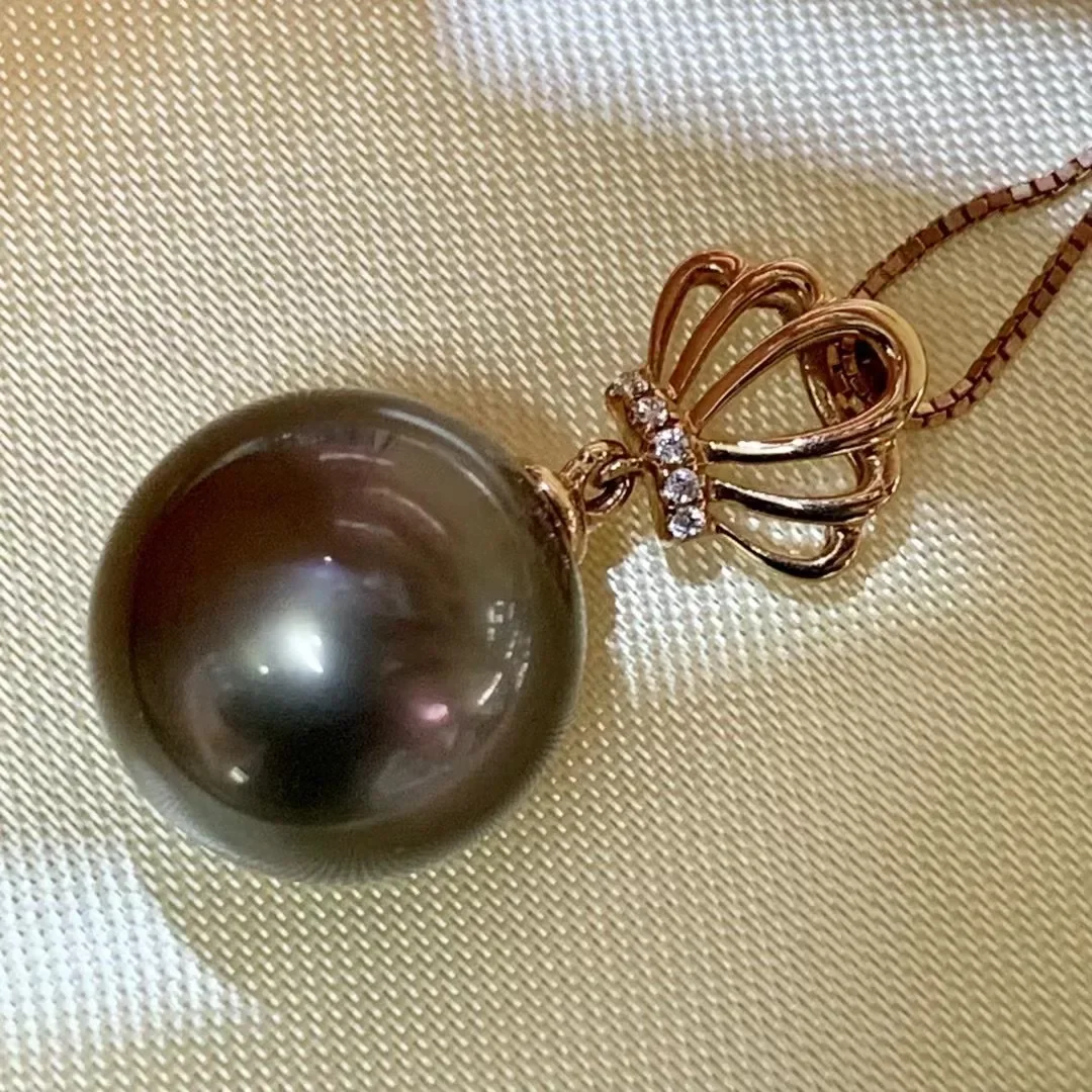 Pendant 18k Gold, Tahitian Black Pearl 12-13mm Near-round Micro-flaw Seawater Jewelry Gift Pendant Jewelry