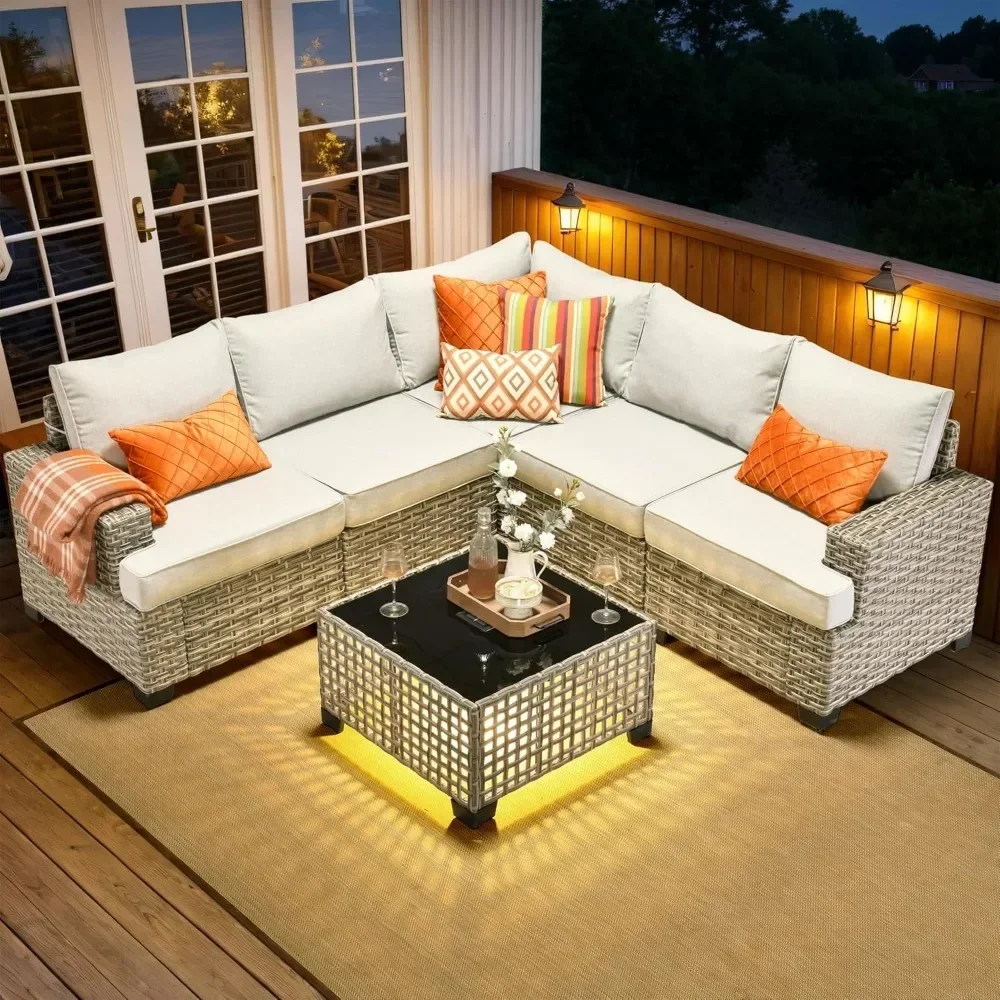 

6 Piece Patio Sectional Furniture, Rattan Wicker Coversation Couch Set, Outdoor Sofa Set for Outside Porch Balcony Backyard Pool