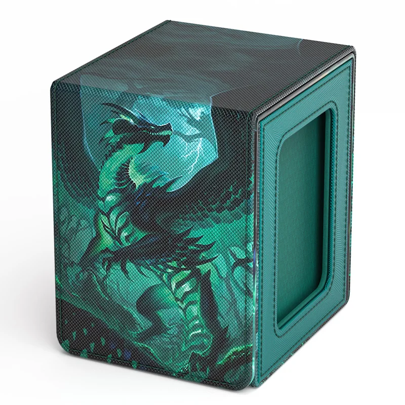 Card Deck Box for Pattern Print Cards with Display Window, Hold 100+ Double-Sleeved Cards, PU Leather Card Box Fits TCG Cards