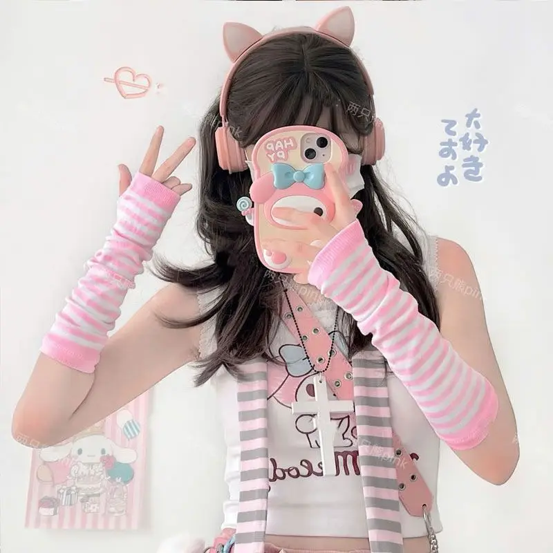 Korean Style Fashion Women's Knitted Striped Elbow Fingerless Gloves Gothic Punk Hip-hop Arm Sleeves Christmas Accessories Gifts