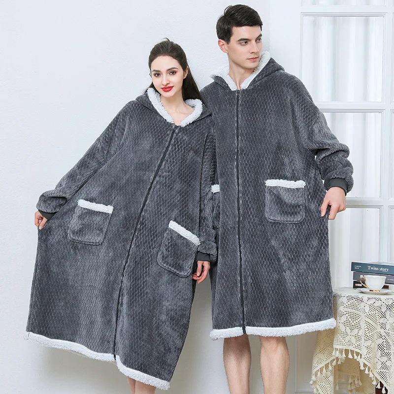 

Winter New Flannel Couple Robe Homewear Hooded Zipper Lazy Loungewear Tv Blanket Nightwear Coral Fleece Sleepwear Bathrobe Gown