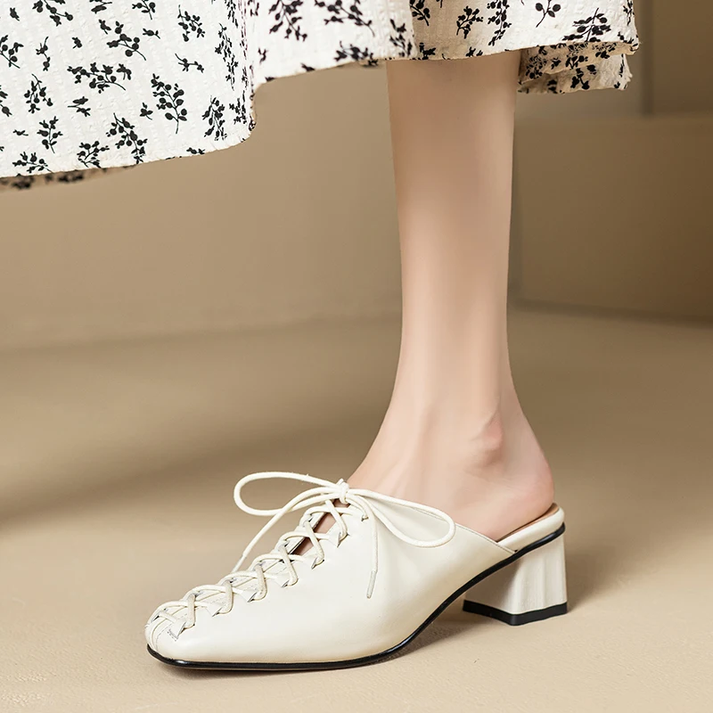 2025 Summer Genuine Leather Lace Up Dress Mules Women Covered Toe Med Thick Heels Slippers Ladies Dating Shoes Elegant Sandals