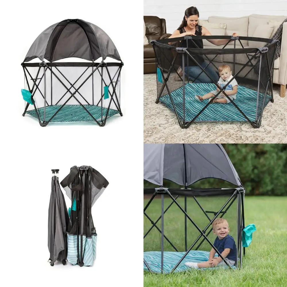 لعب شبكي محمول مع مظلة شمسية للاستخدام الداخلي والخارجي - قاعدة شريطية بألوان مائية #1