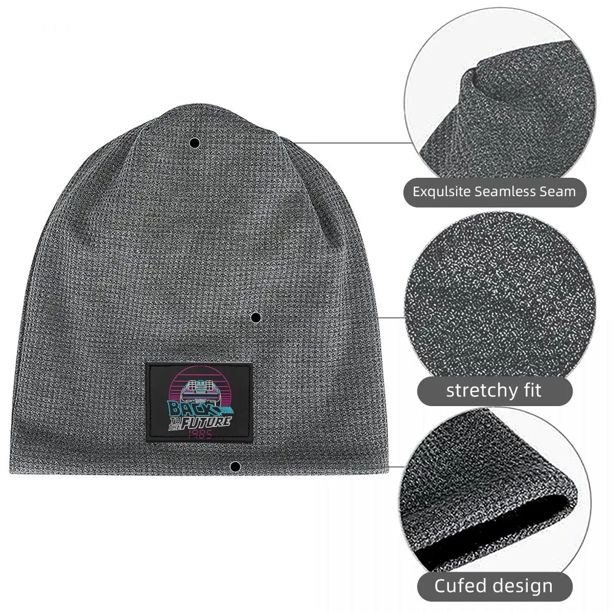 Back To The Future 80s Delorean Future 1985 Waffle Knit Fleece Lined Beanie with PU Leather Patch Unisex Warm Winter Soft Cap