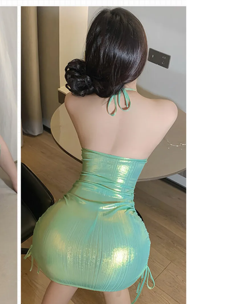 Jabłkowozielona Słodka Wąska Damska Mini Sukienka Kołnierz Stosowany PU Sznurek Wysoki Stan Gorące Seksowne Sukienki Koreańskie Damskie Top Anchor LIH7
