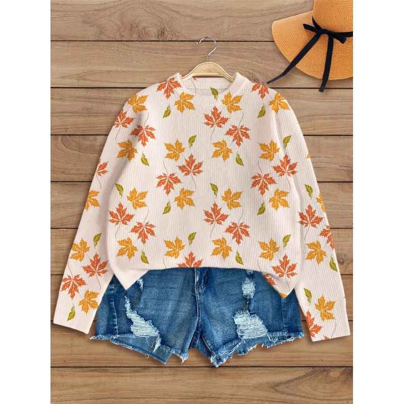

Maple Leaf Elegant Floral Digital Print Girl Sweater Knit Pullover Warm Loose Crew Neck Long Sleeve Autumn Winter Casual Fashion
