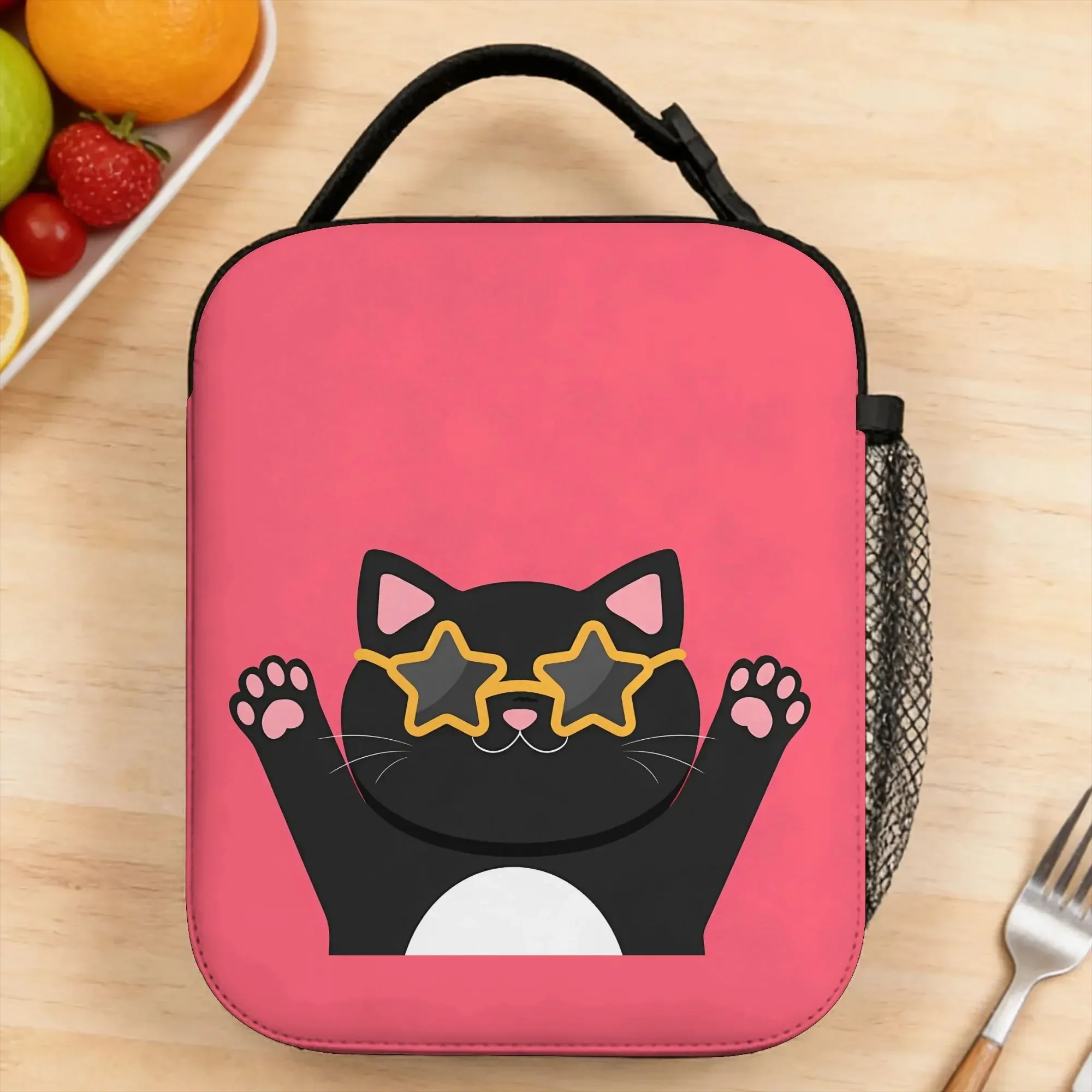 Black cat wearing star shape sunglasses. Lunch Bag For Girl Boy Office Lunch Box Kawaii Oxford Thermal Tote Handbags