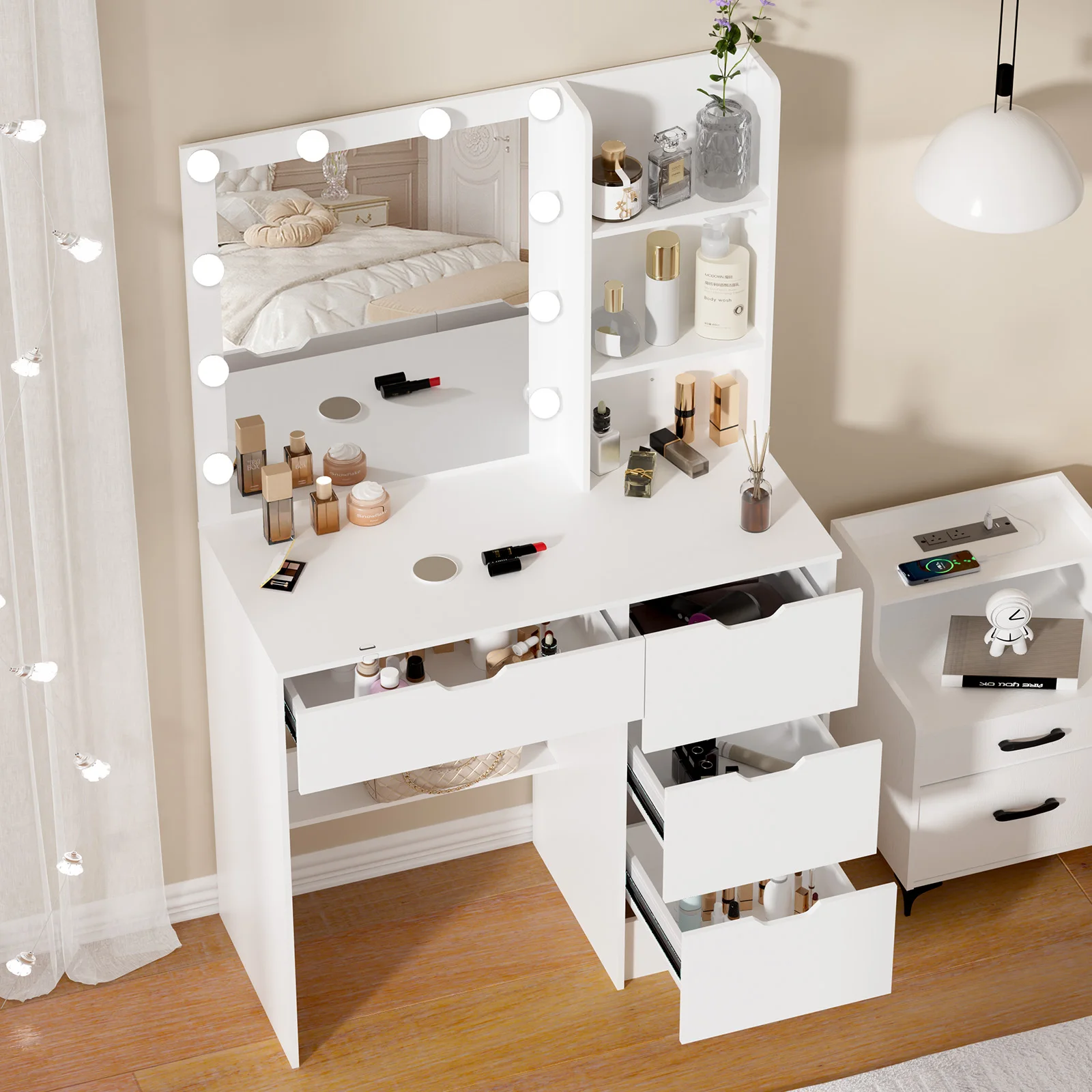 White Modern Vanity Set, 10 LED Bulbs Mirror, 4 Drawers 3 Color Dimmable Bedroom Easy Assembly