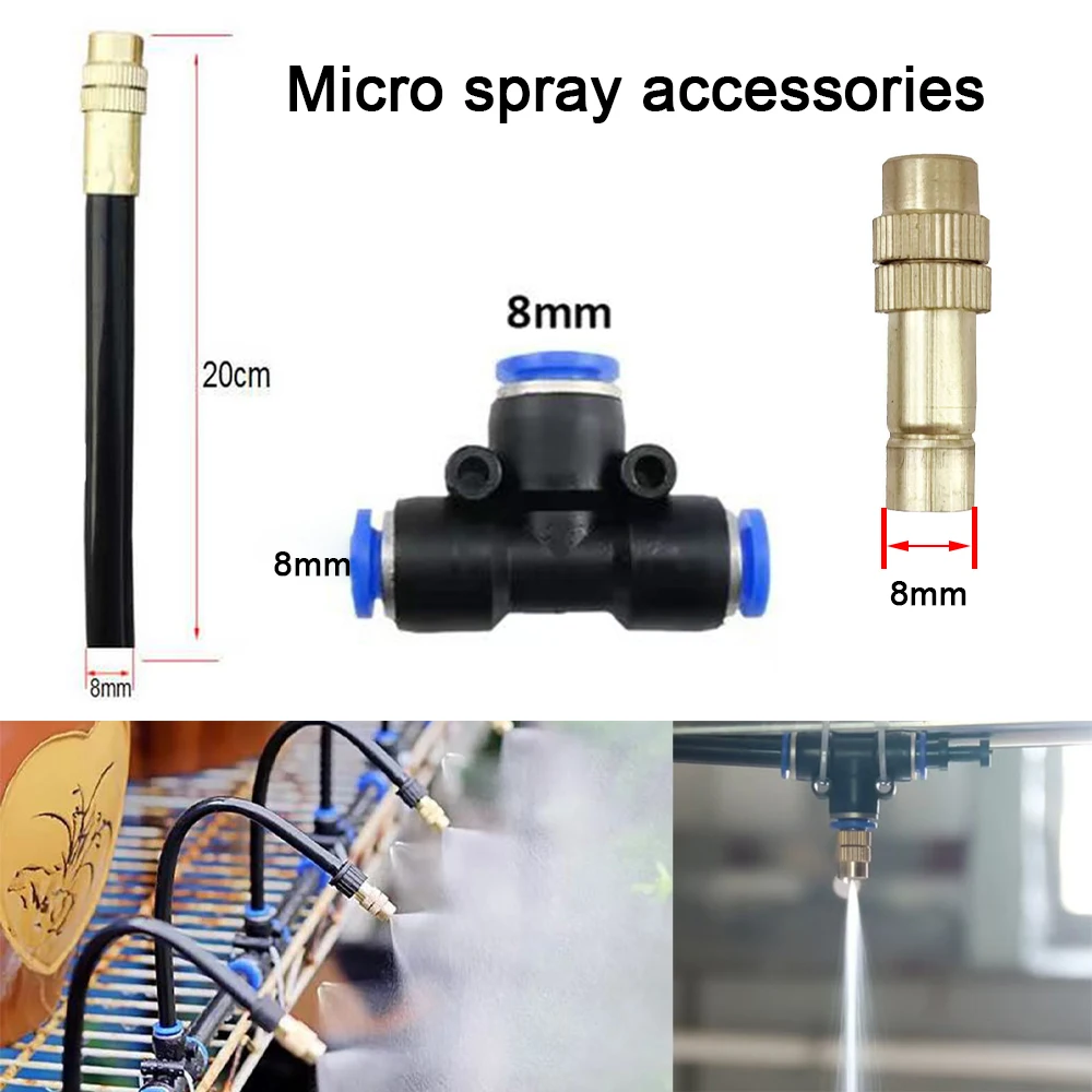 Adjustable Brass Misting Nozzle 8mm OD 20cm Flexible Hose Low Pressure Water Sprayer for Garden Irrigation Cooling Dust Removal