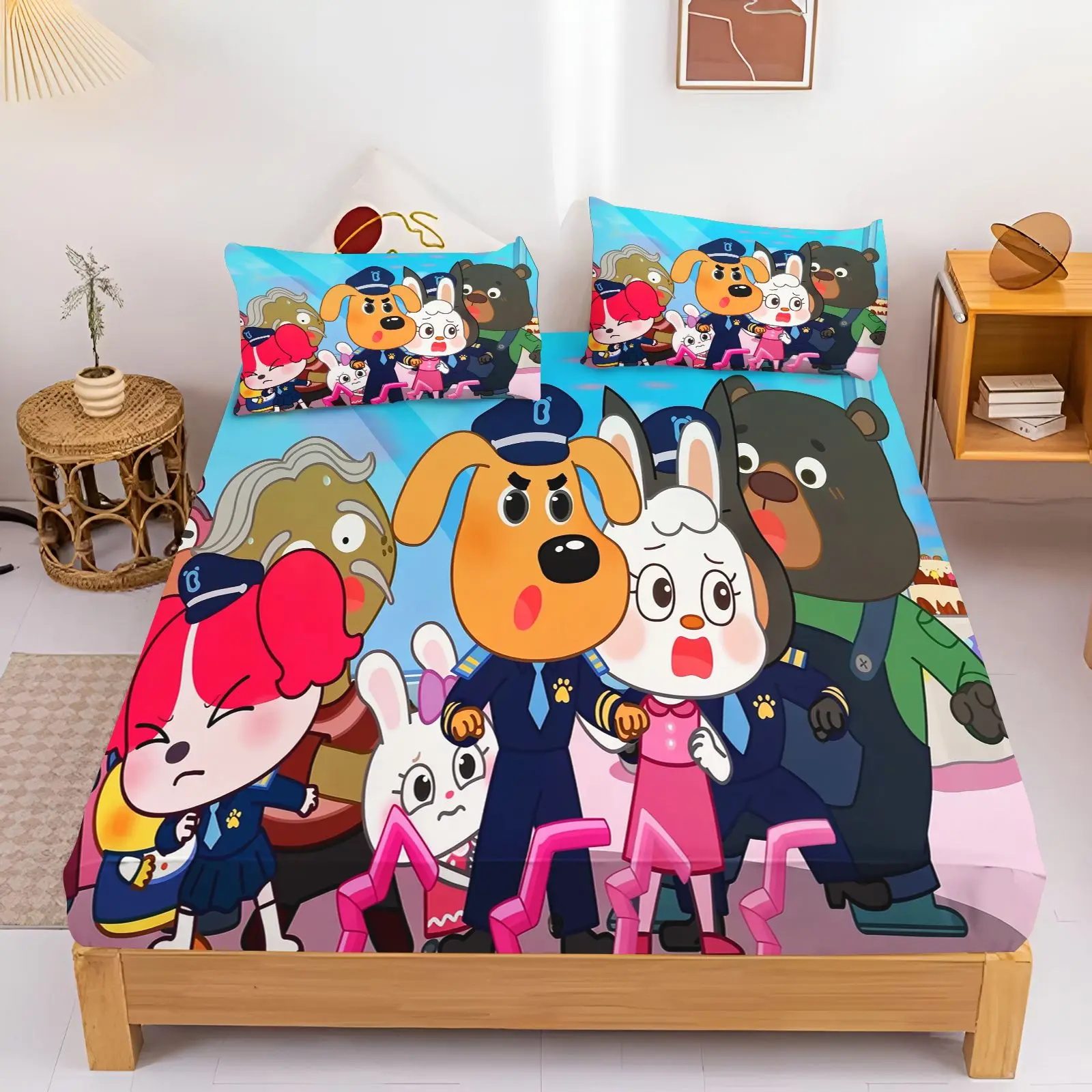 Cartoon Sheriff Labrador Bedding Set Anime Dog Character Printed Fitted Sheet Kids Bedroom Decor Mattress Cover Bed Linen