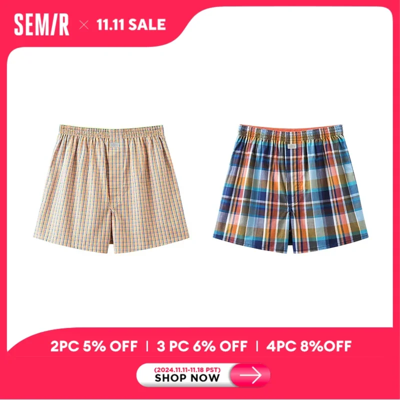 Semir Shorts Men Pure Cotton 2024 New Home Pants Checked Relaxed Five-Point Elastic Waist Straight Leg 2-Piece Set Underwear