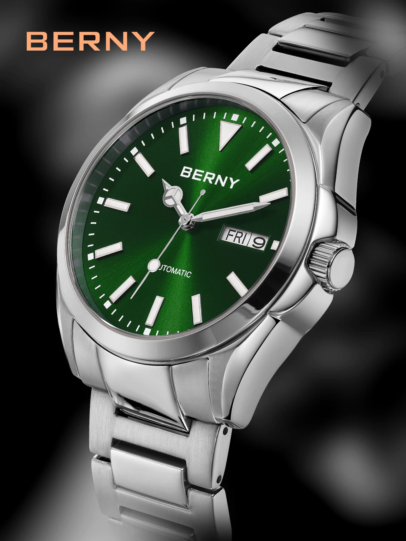 BERNY Automatikuhren für Herren, superleuchtend, Datum und Woche, mechanische Herrenuhr, komplett aus Edelstahl, Armbanduhr NH36, Saphir – Detail 17