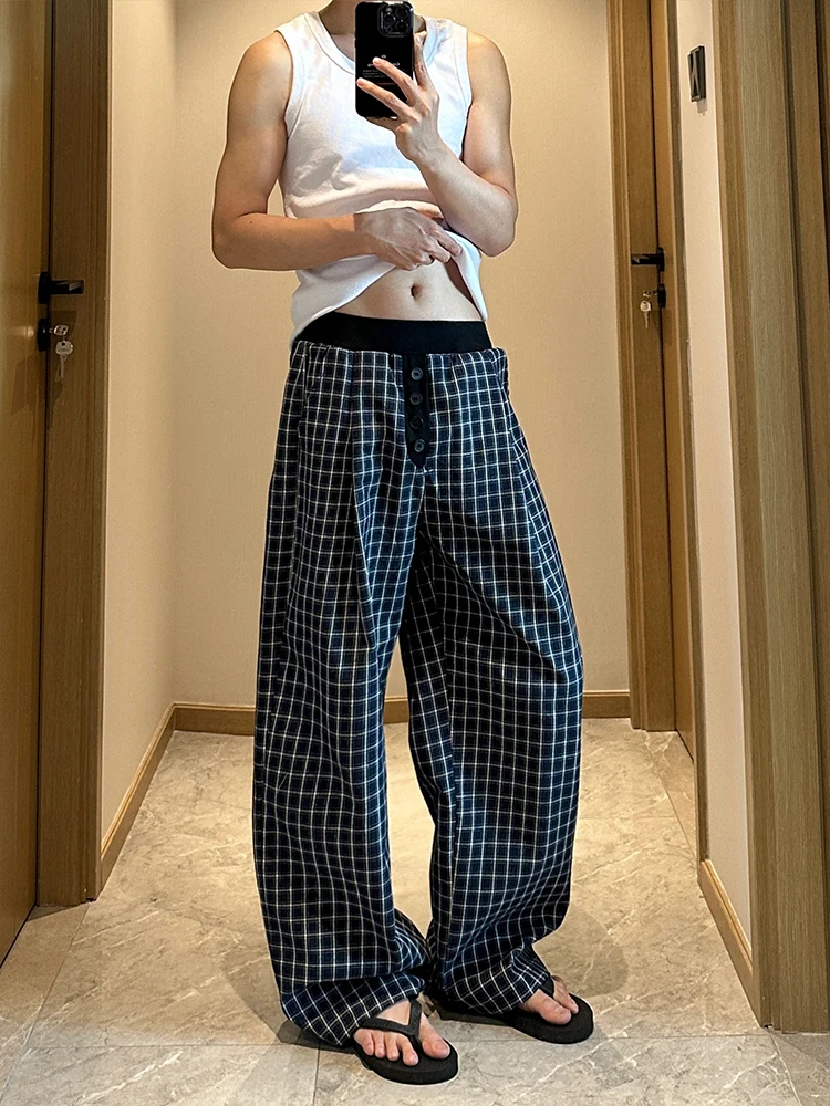 

Мужские повседневные брюки в клетку в американском ретро-стиле, свободные, прямого кроя, широкие, длинные, с эффектом драпировки, сшитые из разных тканей, свободного кроя, прямые штанины