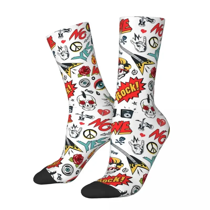 Y2K Retro Men'S Socks Rock And Roll Music Unisex Hip Hop Seamless Printed Funny Crew Sock Gift