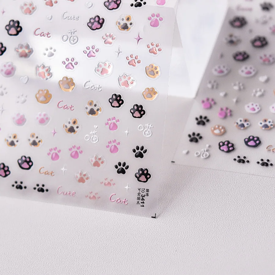 1Pc Cute Jelly Pink Cat Paw Print Nail Sticker Kawaii Pink Black Cat Claw 5D Embossed Self-Adhesive Decals Cartoon Nail Sliders