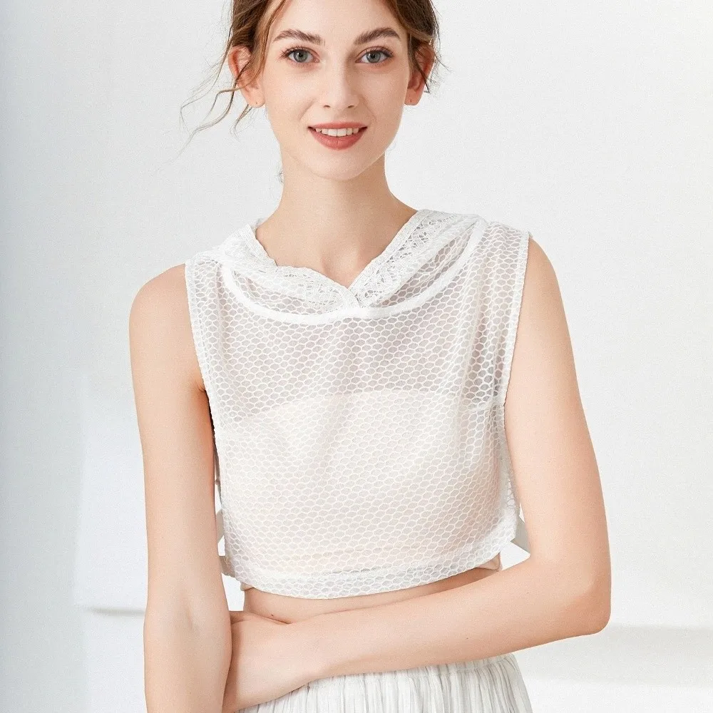 With Cap Fake Lace Floral Collar Gauzy Slim Mesh Base Layer Top Solid Color Short Sleeve Detachable False Collar Versatile