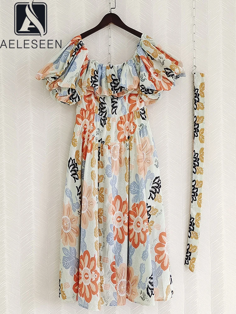 

AELESEEN Desiger Fashion Long Dress Women's Slash Neck Puff Sleeve Elastic Flower Print Ruffles Belt Casual Party Vacation