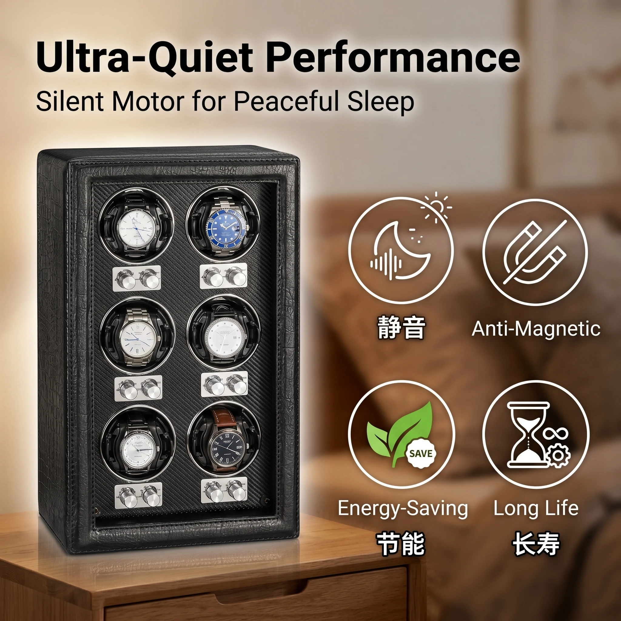 Lorvo 6-Slot Smart Silent Watch Winder, Automatic Mechanical Watch Rotator with LED Light & Anti-Magnetic Protection