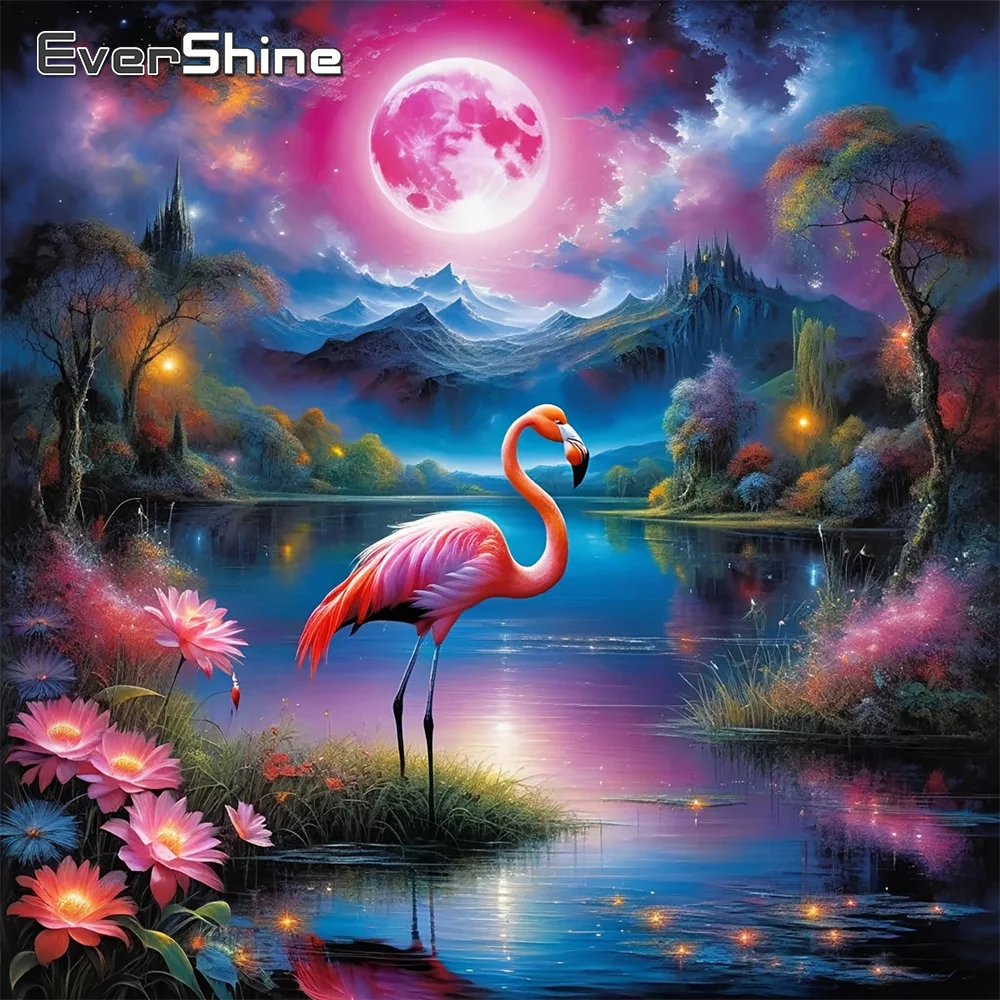 

Алмазная мозаика EverShine: Пейзаж с журавлями, лотосами и луной. Полноценная квадратная алмазная вышивка для домашнего декора.