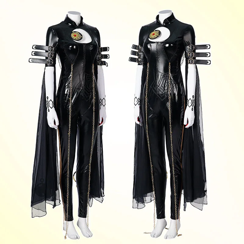 Traje de Cosplay de Bayonetta para niñas, mono de PU negro con peluca y zapatos, traje de fiesta de Carnaval de Halloween para mujer adulta