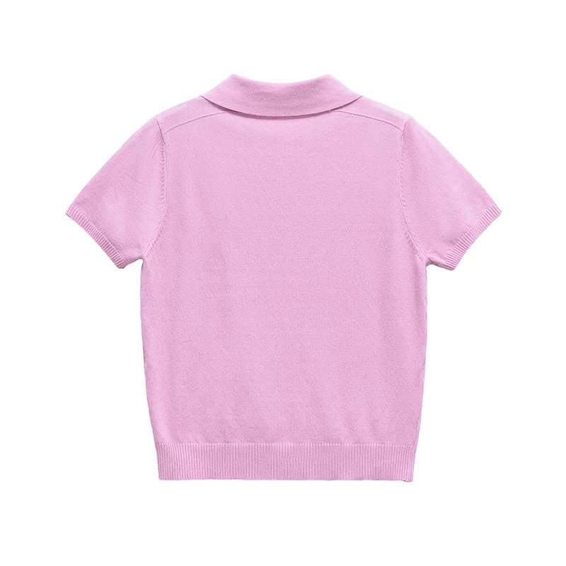 YENKYE New 2025 Women Basic Jersey Polo Collar T Shirt Short Sleeve Front Button Rib Trim Tees Spring Summer Crop Top
