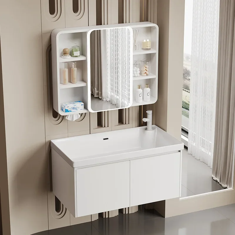 Rounded Mirror Cabinet with Beauty Rack, Paper Drawing Hole, Bathroom Cabinet Combination, Space Aluminum Washstand,
