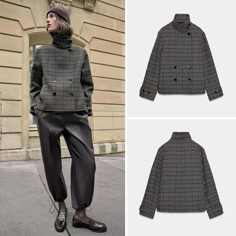 Fashionable Retro Checkered Long Sleeve Double Breasted Button Coat New Arrival Women's Spring Casual Style Standard Fit Oute...