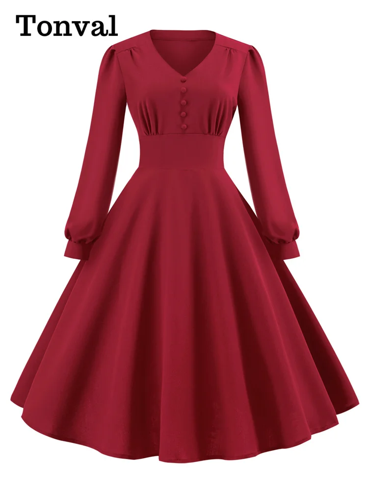 Tonval V-Neck Button Front High Waist Long Bishop Sleeve Women Elegant Autumn Clothes Green Solid Vintage Ladies Swing Dresses