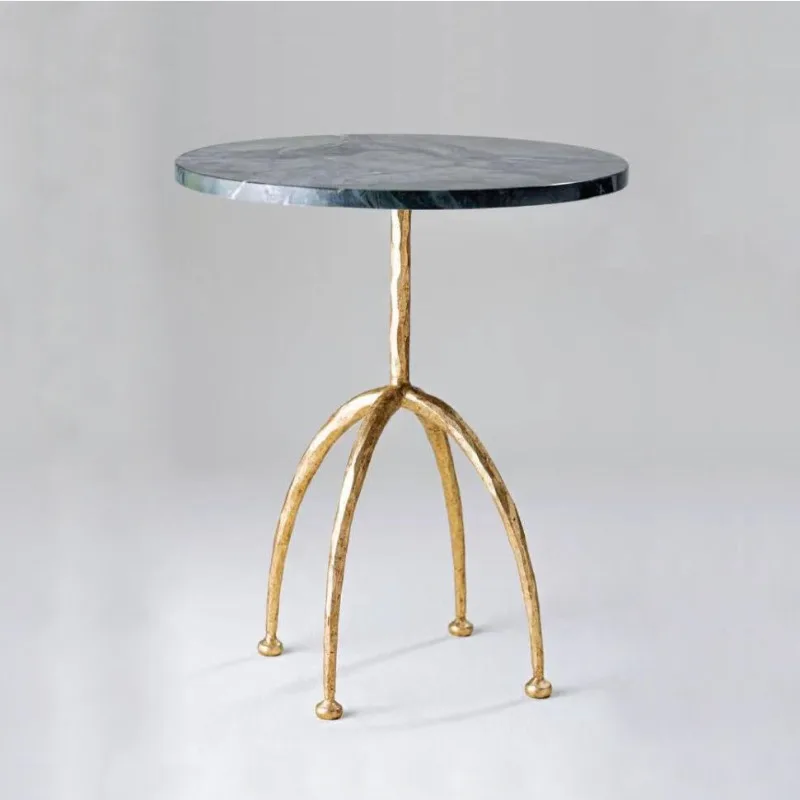 American retro all-copper light luxury coffee table, soft decoration design villa hotel model room green marble sofa edge table