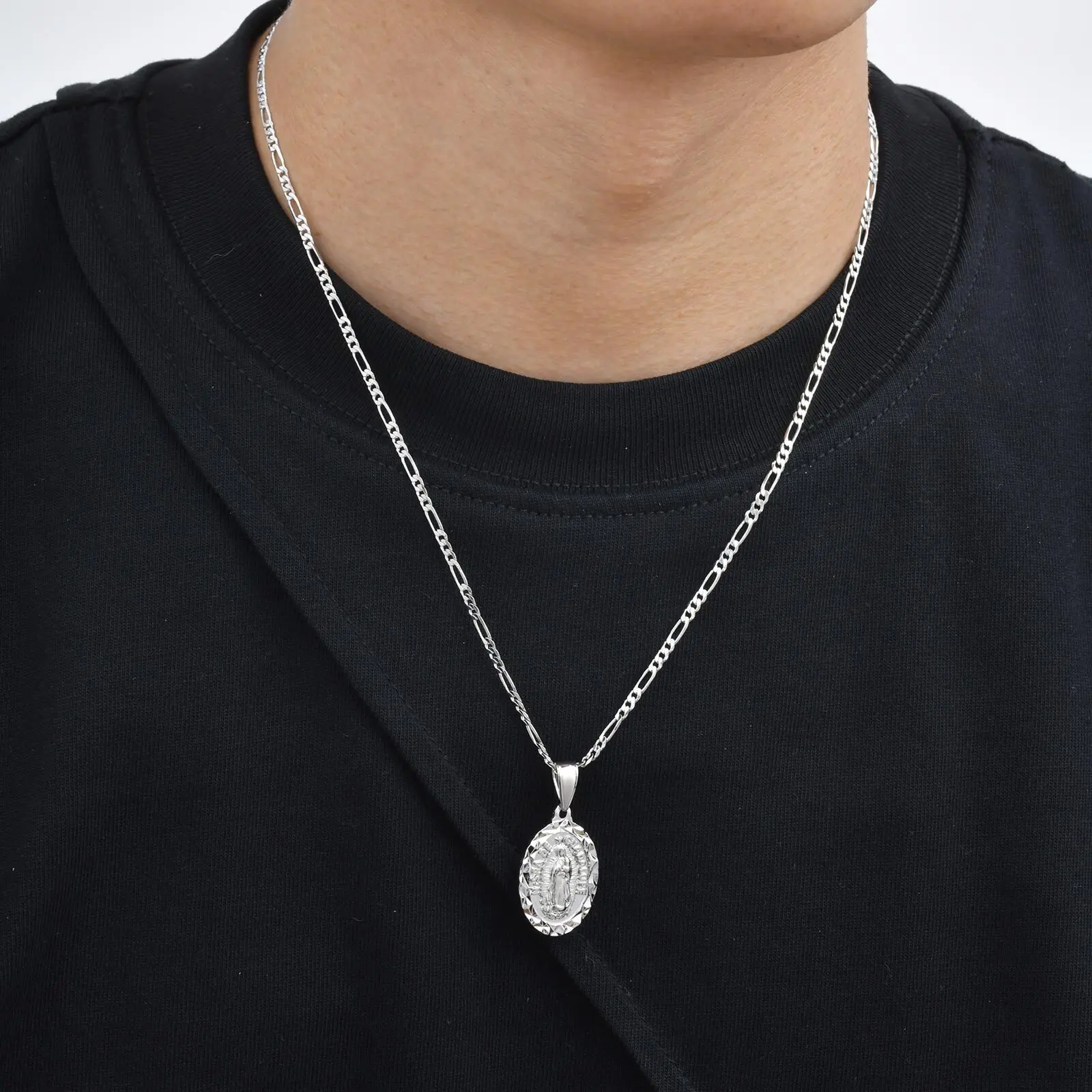 قلادة مريم العذراء للرجال والأولاد، قلادة بيضاوية كاثوليكية مع سلسلة فيجارو، هدية مجوهرات لصلاة الإيمان