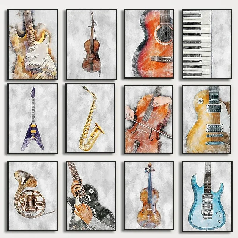 Musikinstrumente Saxophon Violine Cello Gitarre Klavier Aquarell-Kunstposter Leinwandgemälde Wanddrucke Bilder Raumdekoration