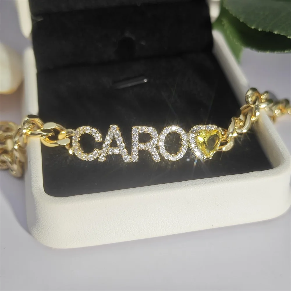 2023 Personalized Heart 12 Birthstone Name Bracelet Custom Letter Chunky Cuban Chain Bracelet For Women Party Jewelry Gifts