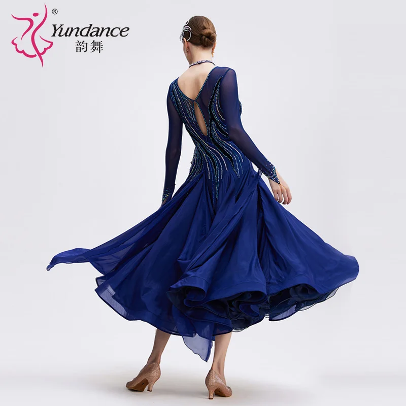 B-24143-2 Nieuwe kleur Hot Sale Internationale standaard ballroomdansjurk Hoge kwaliteit marineblauwe chiffon lange stijldansjurk