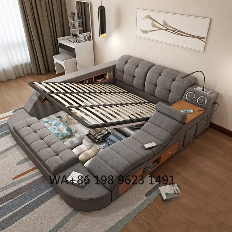 King Size Double Bed with Massage Function Storage USB Charger Bluetooth Speaker Bedroom Furniture