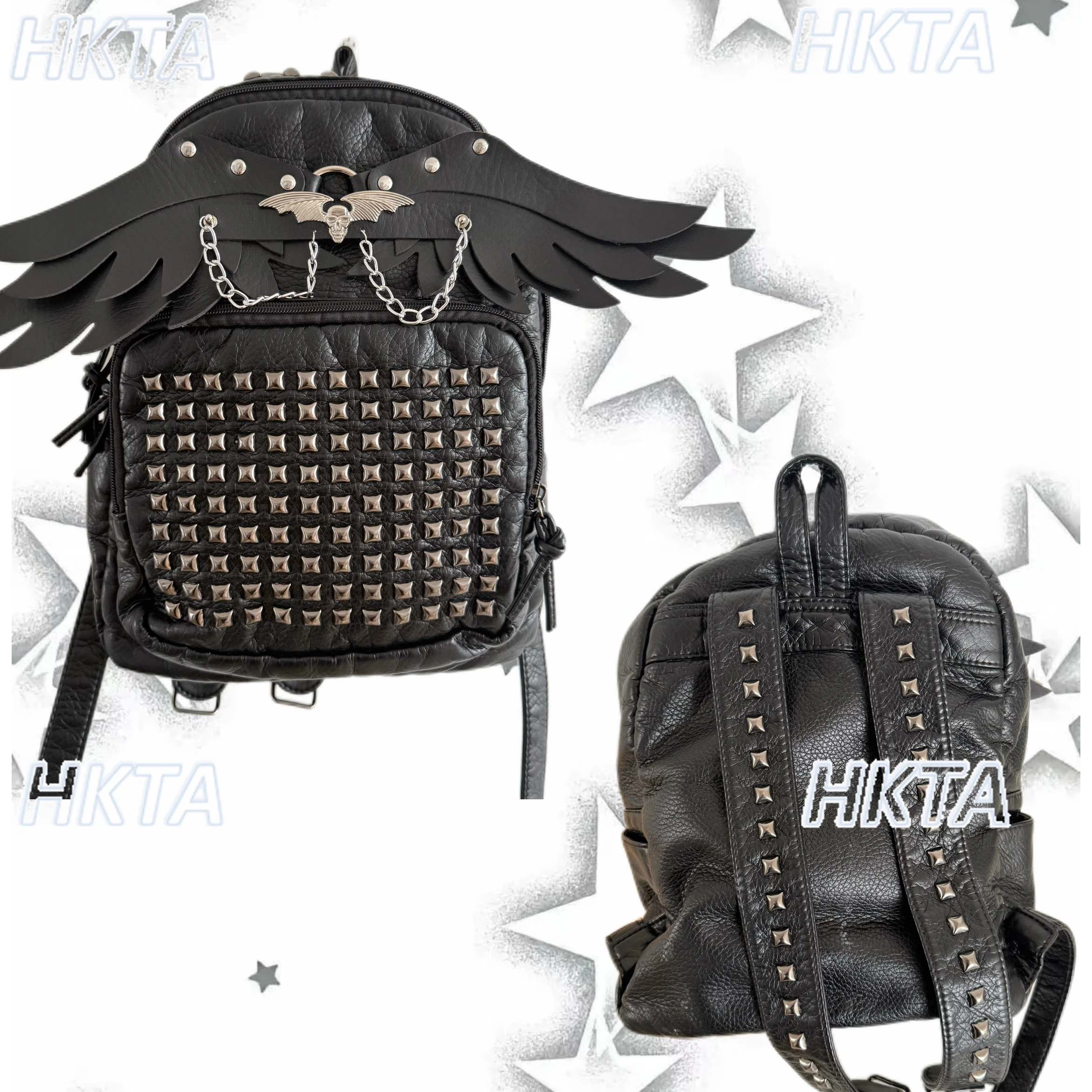 

Черный рюкзак в готическом стиле с темными заклепками и крыльями, женский летний рюкзак Y2K, новые универсальные школьные сумки из искусственной кожи большой вместимости для поездок на работу