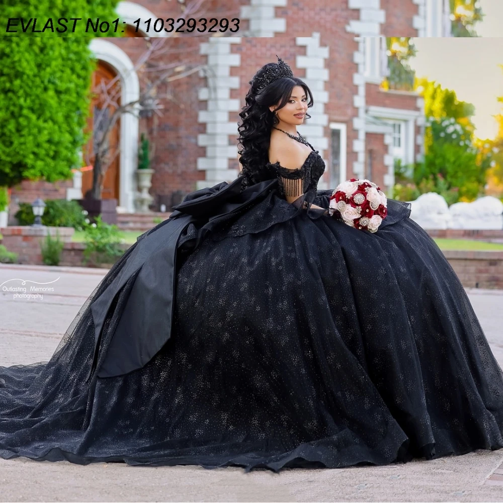 

EVLAST черное платье принцессы Quinceanera по индивидуальному заказу, бальное платье с кружевной аппликацией и бантом из бисера, милое платье 16, Vestidos De 15 Anos E1QN586
