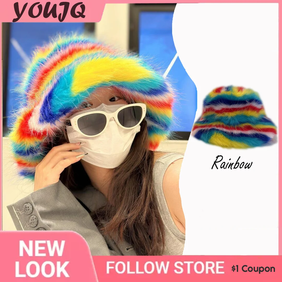 

Y2K Rainbow Splicing Faux Fur Bucket Hats Autumn Winter INS Street Hip Pop Imitation Fur Fisherman Hat Unisex Fluffy Sun Caps