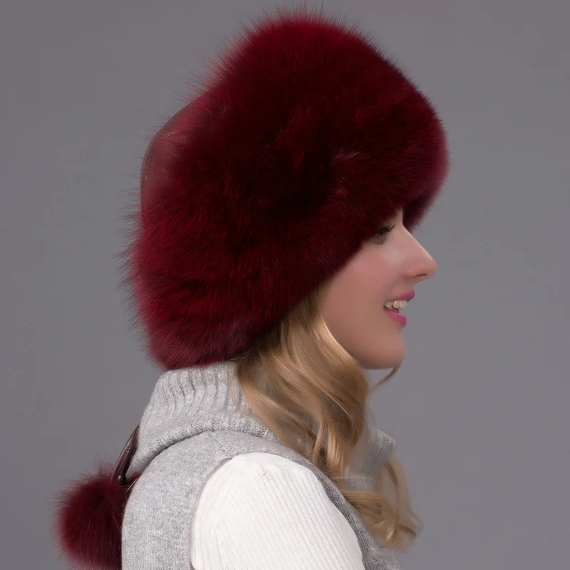 2024 Hot Sale 100% natural Fox Fur Hat Women Cap Thick Fur Cap Winter Warm Hat Female Fashion For Women Hat With Earmuffs Hat