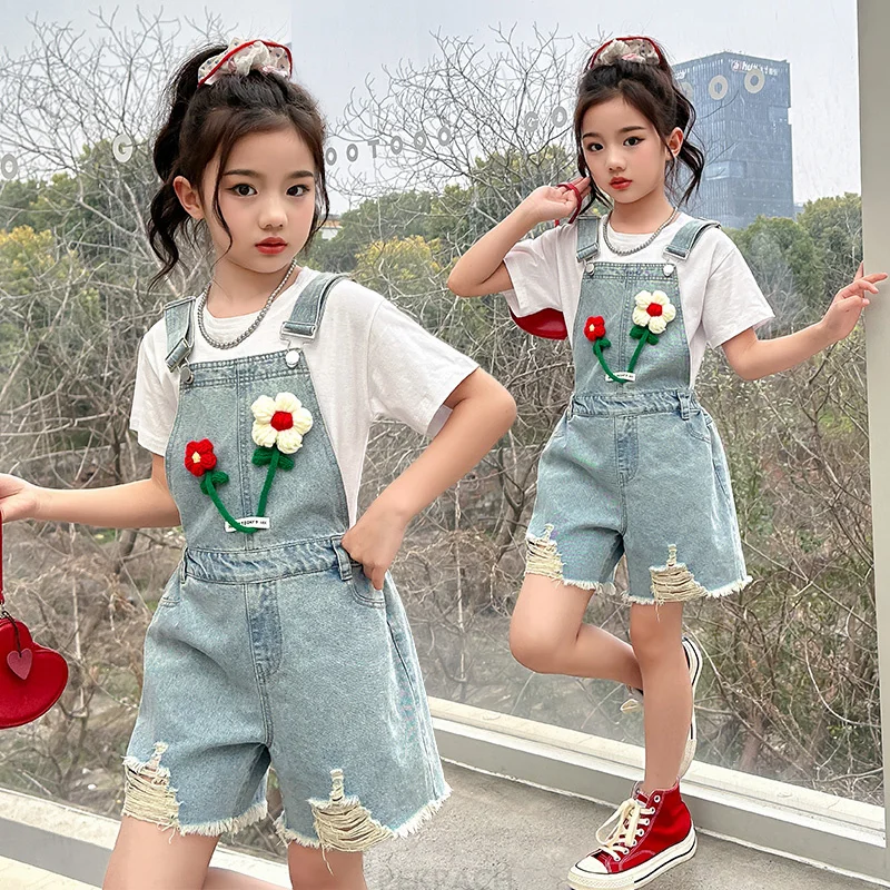 High Fashion Summer Kids Girl Ripped Denim Jumpsuit with Shorts with Flower Applique Child Denim Overalls Shorts with Straps